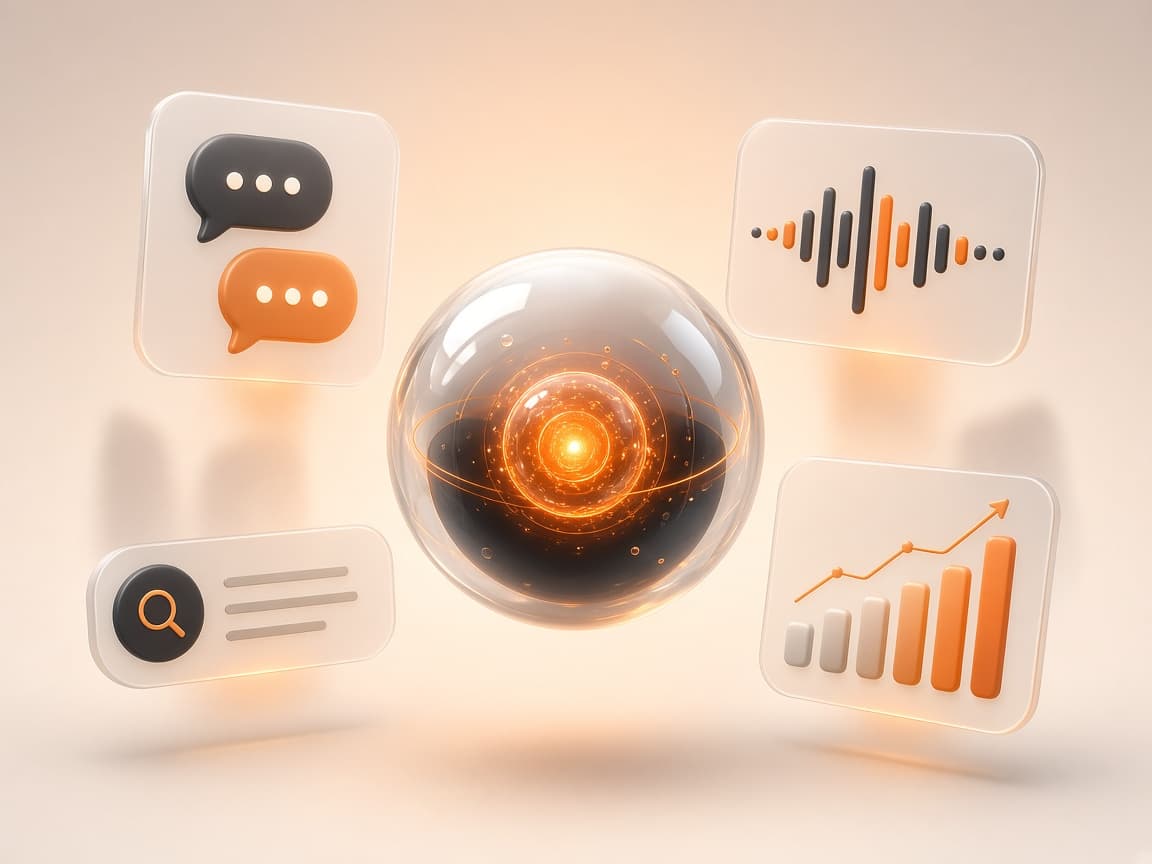 A glowing AI orb surrounded by chat, voice, search and growth cards